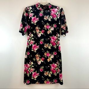 Current Project Black Floral Velour Mock Neck Dress M